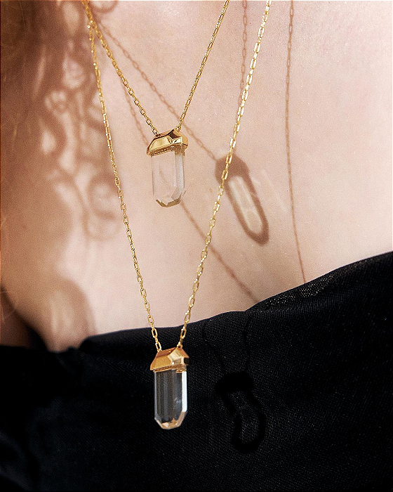 COLAR LONGO CORRENTE PING CRISTAL RETANGULAR INCOLOR DOURADO