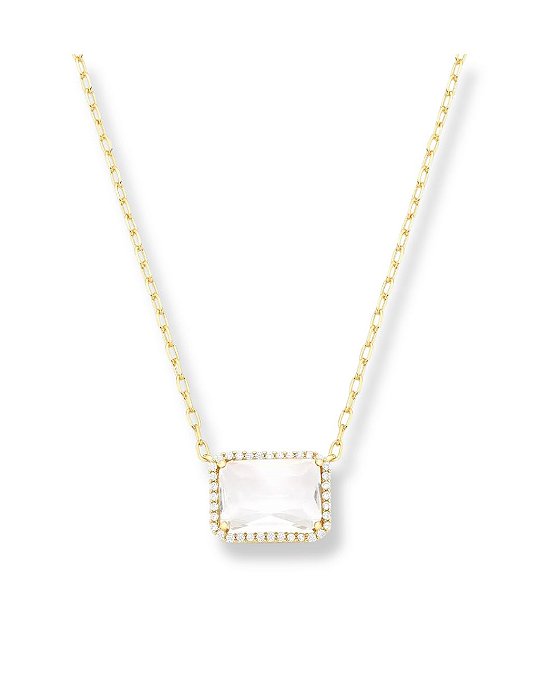 COLAR PEDRA INCOLOR RETANGULAR 4 GARRAS CONTORNO ZIRCONIA MALHA ELO CARTIER