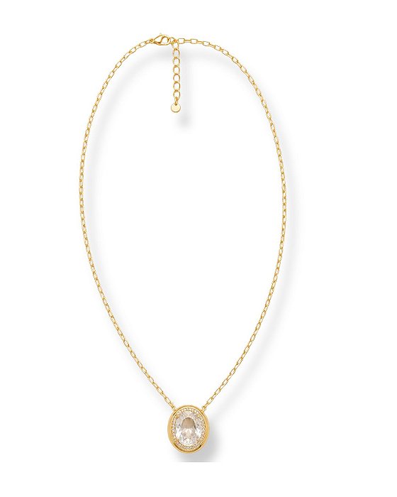 CORRENTE MALHA ELO C/ PEDRA OVAL 4 GARRAS CONTORNO EM ZIRCONIA BAN. DOURADO