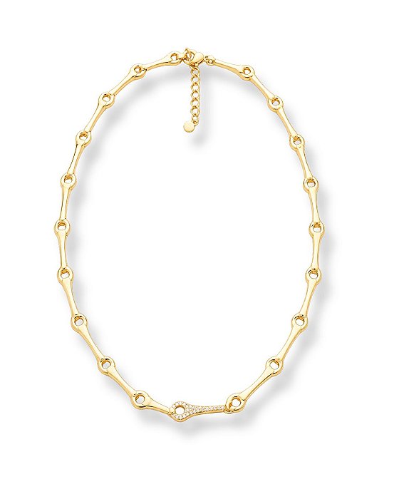 COLAR ZIRCONIA ELO VAZADO OVAL/GOTA CURVO BAN. DOURADO