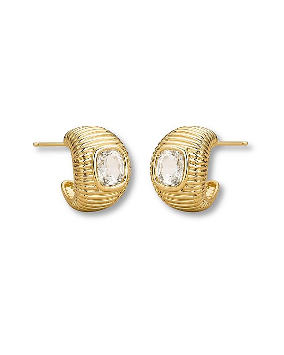 BRINCO MEIA ARGOLA TEXTURIZADA PEDRA QUADRADA INCOLOR BAN. DOURADO