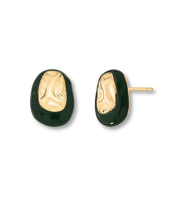 BRINCO OVAL DOURADO TEXTURIZADO ESMALTALDO VERDE ESCURO