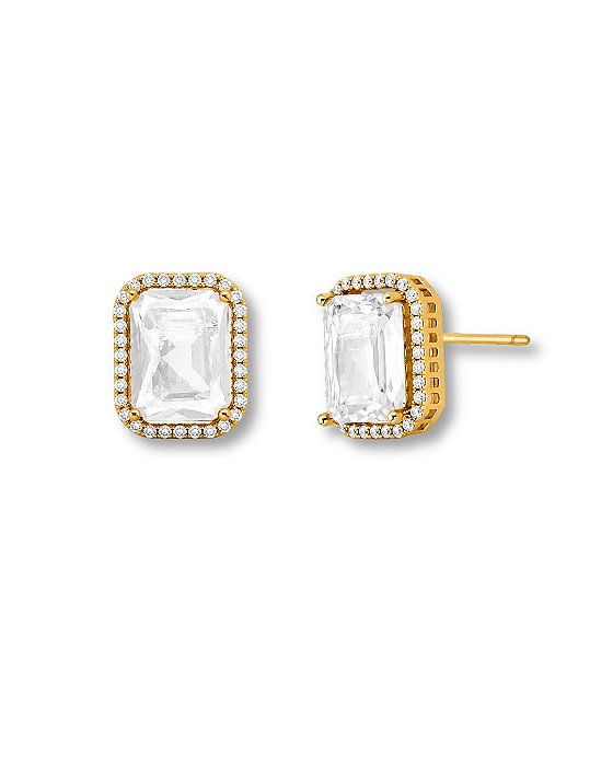 BRINCO RETANGULAR PEDRA INCOLOR 4 GARRAS E CONTORNO ZIRCONIA BAN. DOURADO