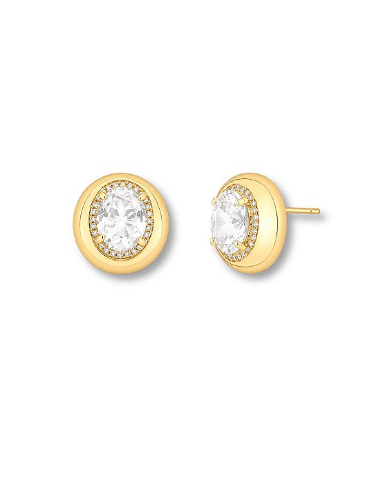 BRINCO REDONDO PEDRA OVAL 4 GARRA COM CONTORNO ZIRCONIA BAN. DOURADO