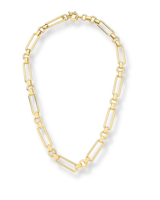 COLAR LISO ELOS REDONDOS E RETANGULARES INTERCALADOS FECHO BOIA SEMI JOIA BAN.DOURADO