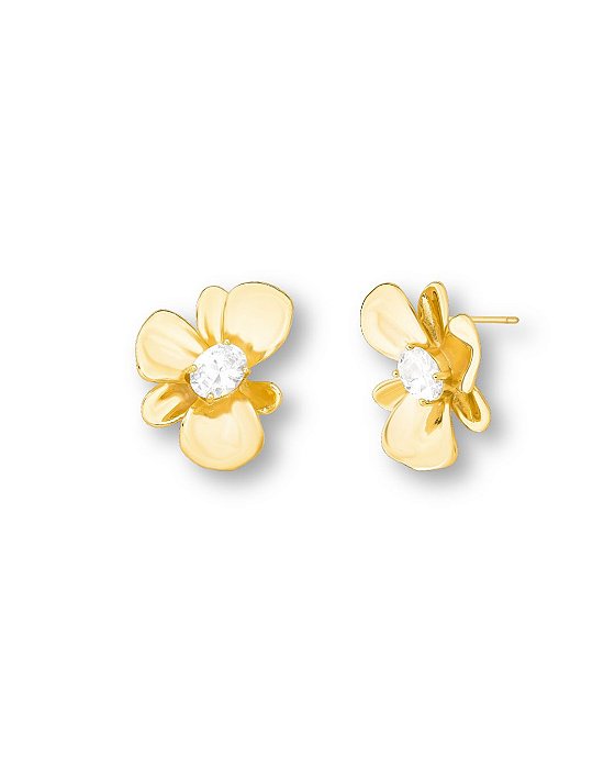 BRINCO FLOR ZIRC OVAL PETALAS LISAS SEMI JOIA BAN.DOURADO