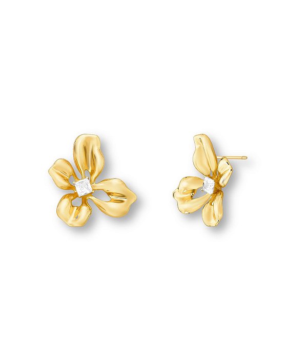 BRINCO FLOR ZIRC QUADRADA PETALA VAZADA SEMI JOIA BAN.DOURADO