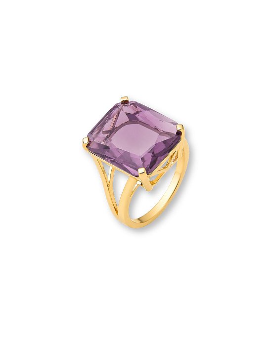 ANEL PEDRA RETANGULAR ROXO ESCURO LATERAL VAZADA BAN. DOURADO TAM. 18