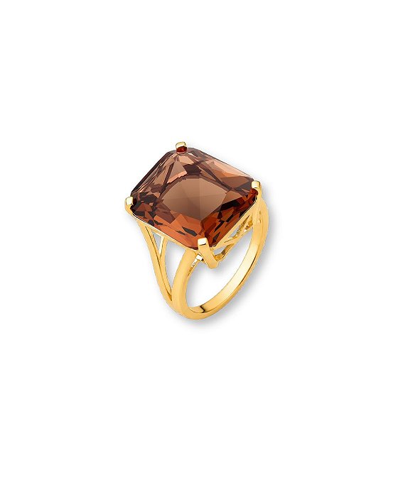 ANEL PEDRA RETANGULAR MARROM LATERAL VAZADA BAN. DOURADO TAM. 20
