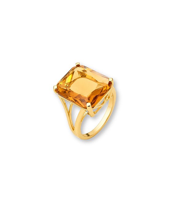 ANEL PEDRA RETANGULAR LARANJA LATERAL VAZADA BAN. DOURADO TAM. 20