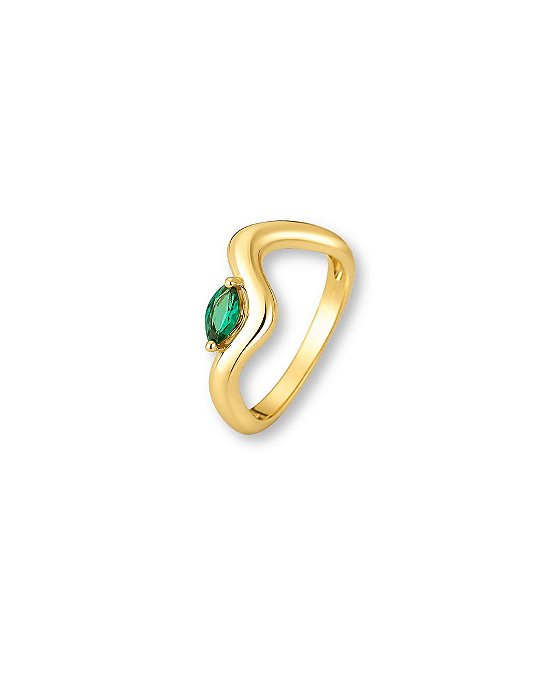 ANEL ORGANICO CURVO PEDRA NAVETE VERDE ESCURO SEMI JOIA BAN. DOURADO /TAM. 22