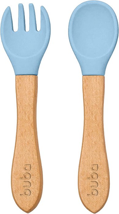 Kit Talheres Silicone E Bambu - Azul - Buba