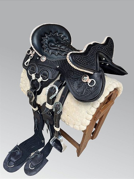 Arreio 3 Argolas Luxo Real Trançado Couro Cru - Preto