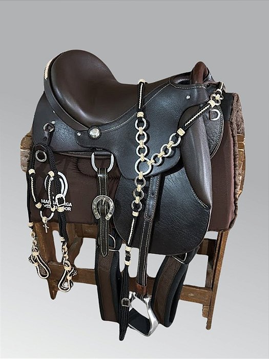 Sela Mangalarga Elite + Traia de Cordinha Inox Marrom e Bege