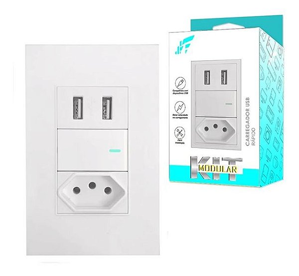 Tomada Interruptor USB de Parede JWCOM Universal 2.1A 5V