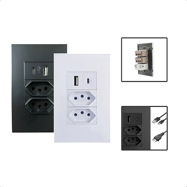 Tomada Modular Parede Dupla USB/USB-C Embu Bivolt