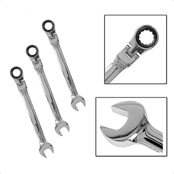 Kit Chave Combinada Catraca Cabeça Articulada 11mm 12mm 15mm