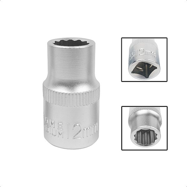 Soquete Estriado Encaixe 1/2 Pols CRV 12mm Aço Cromo Vanádio