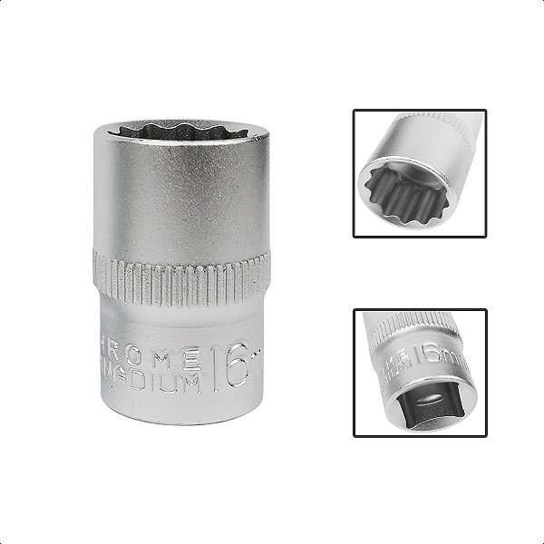 Soquete Estriado Encaixe 1/2 Pols CRV 16mm Aço Cromo Vanádio