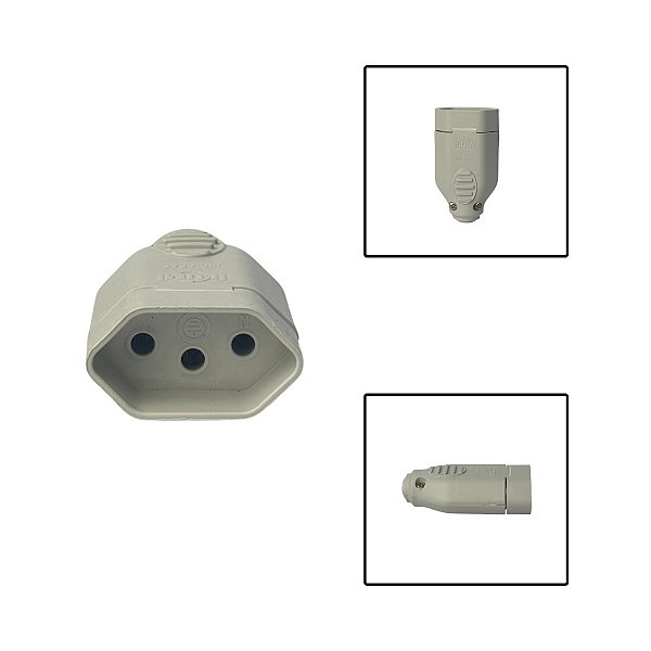 Tomada Plug Fêmea 3 Pinos 10A 250V Cinza