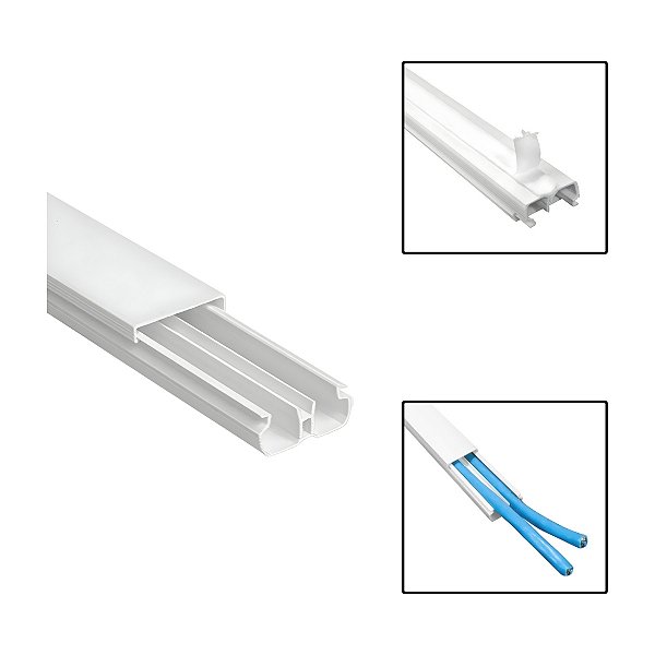 Canaleta PVC 20x10x2000mm Com Divisória E Fita Dupla Face Branca