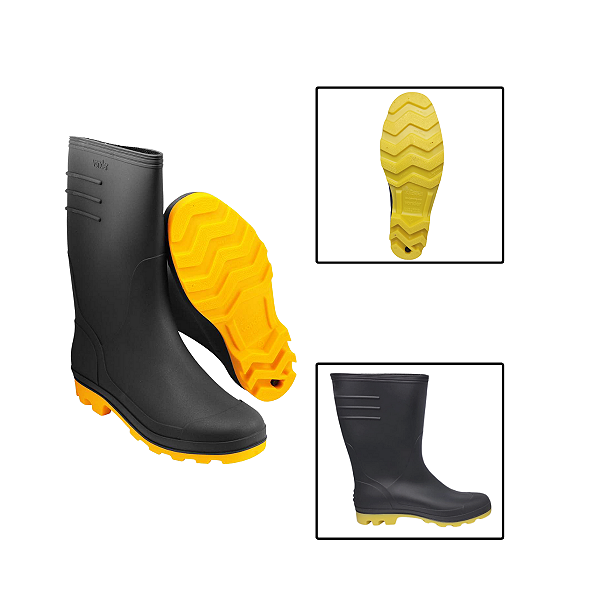Bota De Borracha Cano Médio 43 Pvc Forrada Preta E Amarela
