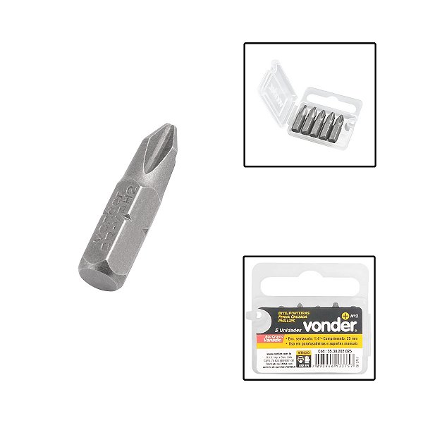 Jogo de Bits Phillips Encaixe 1/4" Ph2 25mm C/ 5 Pçs