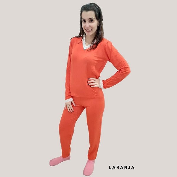 PIJAMA VISCOLYCRA MANGA LONGA GOLA V COM RENDA