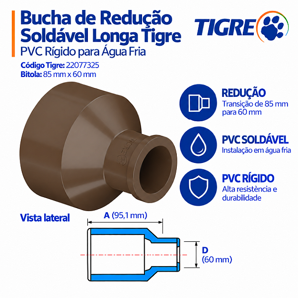 Bucha Soldável De Redução Longa 85 mm X 60 mm Tigre