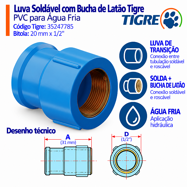 Luva Azul Soldável C/ Bucha Latão 20 mm X 1/2'' Tigre