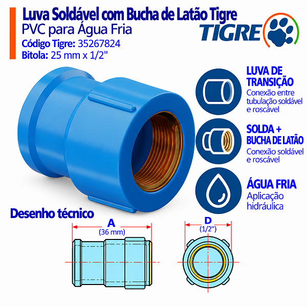Luva Azul Soldável C/ Bucha Latão 25 mm X 1/2'' Tigre