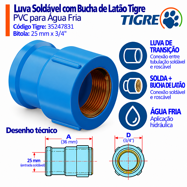 Luva Azul Soldável C/ Bucha Latão 25 mm X 3/4'' Tigre