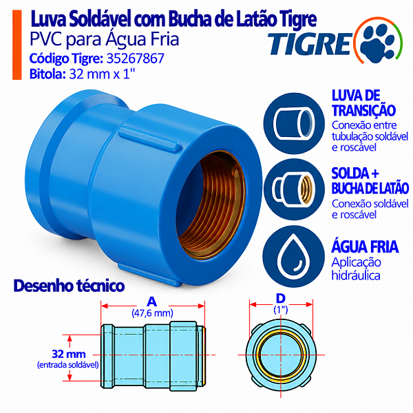 Luva Azul Soldável C/ Bucha Latão 32 mm X 1'' Tigre