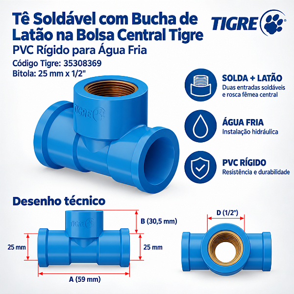 Te Azul Soldável C/ Bucha Latão 25 mm X 1/2'' Tigre