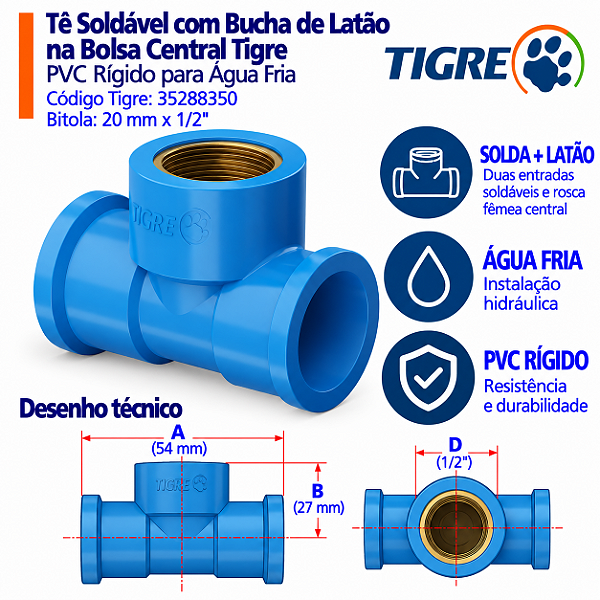 Te Azul Soldável C/ Bucha Latão 20 mm X 1/2'' Tigre