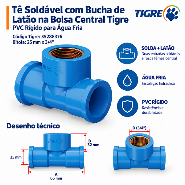 Te Azul Soldável C/ Bucha Latão 25 mm X 3/4'' Tigre