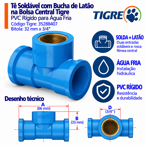 Te Azul Soldável C/ Bucha Latão 32 mm X 3/4'' Tigre