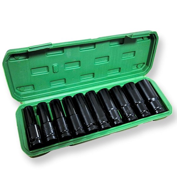 JOGO COM 10 SOQUETES LONGOS SEXTAVADOS 1/2 POL, 10 A 22 MM