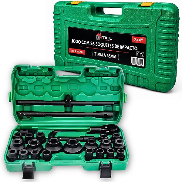 JOGO COM 26 SOQUETES DE IMPACTO 3/4 LINHA PESADA 21MM A 65MM