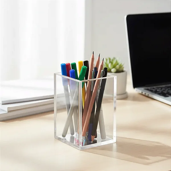 Porta Caneta em Acrílico com Fundo Espelhado Prata