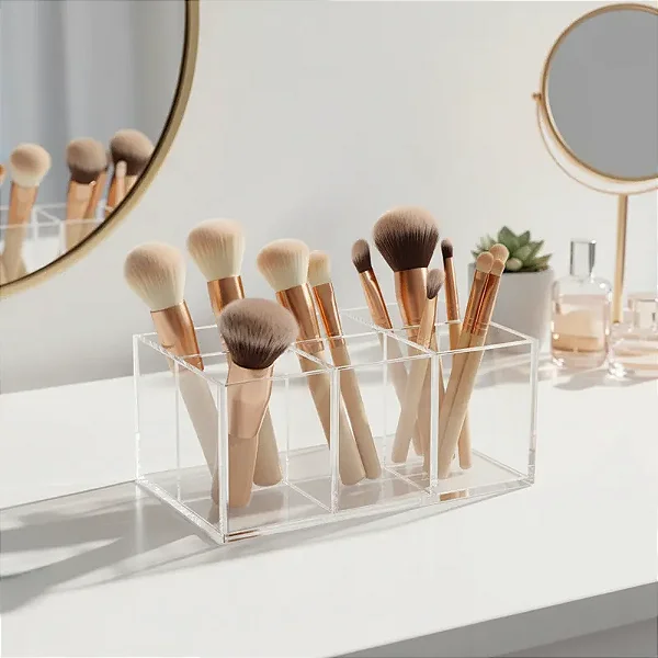 Porta Pincel de Maquiagem em Acrílico Cristal com 6 Divisórias