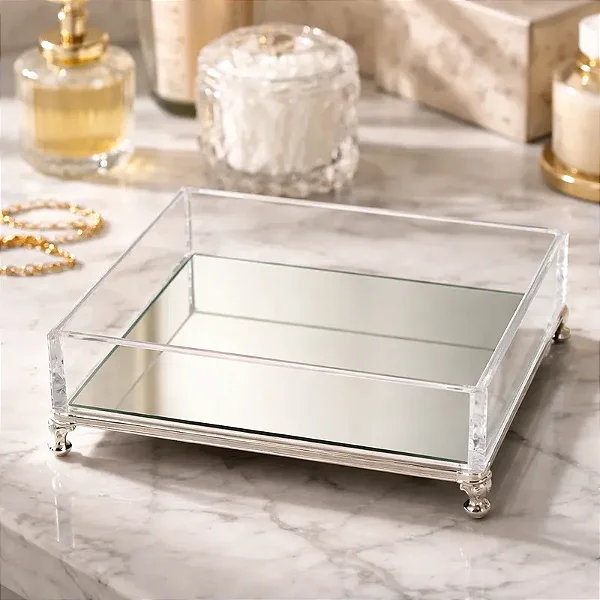 Bandeja Lisa 16x16x4 cm em Acrílico Cristal com Espelho e Pé Prata