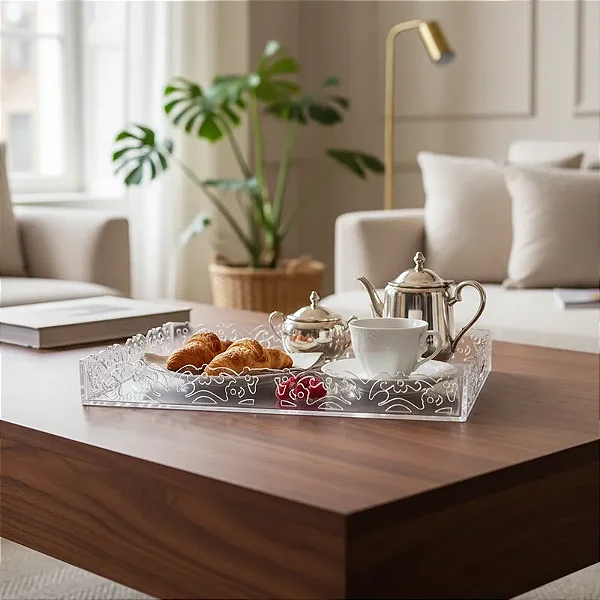 Bandeja Trabalhada em Acrílico Cristal para Café 40x20x4,5 cm