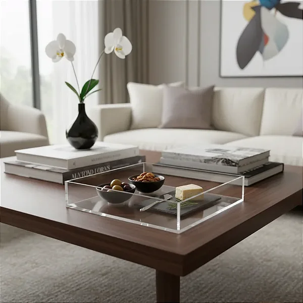 Bandeja Lisa e Quadrada em Acrílico Transparente