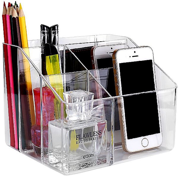 Porta Controle De Mesa Em Acrílico Multiuso Com 6 Repartição