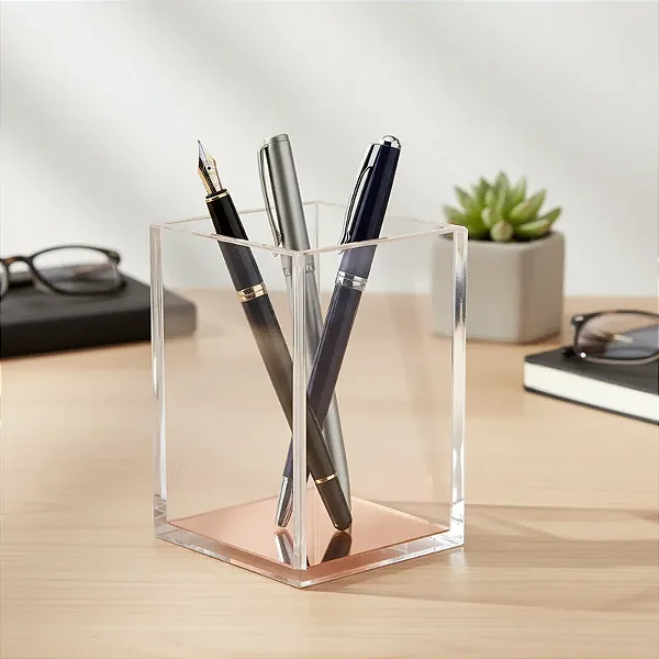 Porta Caneta em Acrílico com Fundo Espelhado Rose