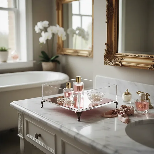 Bandeja Lisa 16x16x4 cm em Acrílico Cristal com Espelho e Pé Rose