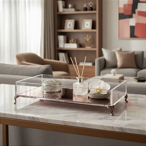 Bandeja 27x12x4 cm em Acrílico Cristal com Espelho e Pé Rose