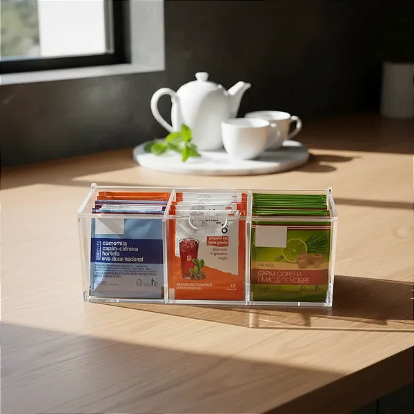 Caixa Organizadora para Saches de Chá em Acrílico Cristal com 3 Divisões