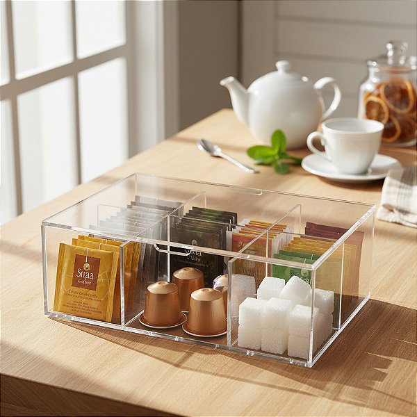 Caixa Organizadora para Saches de Chá em Acrílico Cristal com 6 Divisões